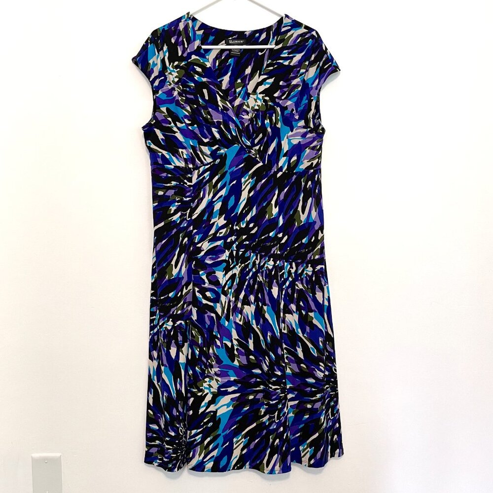 GLAMOUR Plus Size Blue Purple Multi Geometric Surplice Work Midi Fit Flare Dress